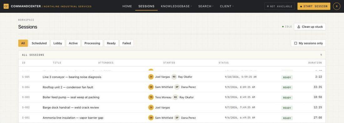 Sessions list showing completed field sessions with the experts who joined each one